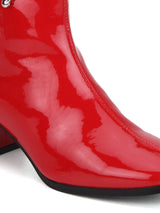 Red Patent Round Buckle Block Heel Ankle Boots