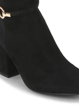 Black Micro Ankle Belt Block Heel Long Boots