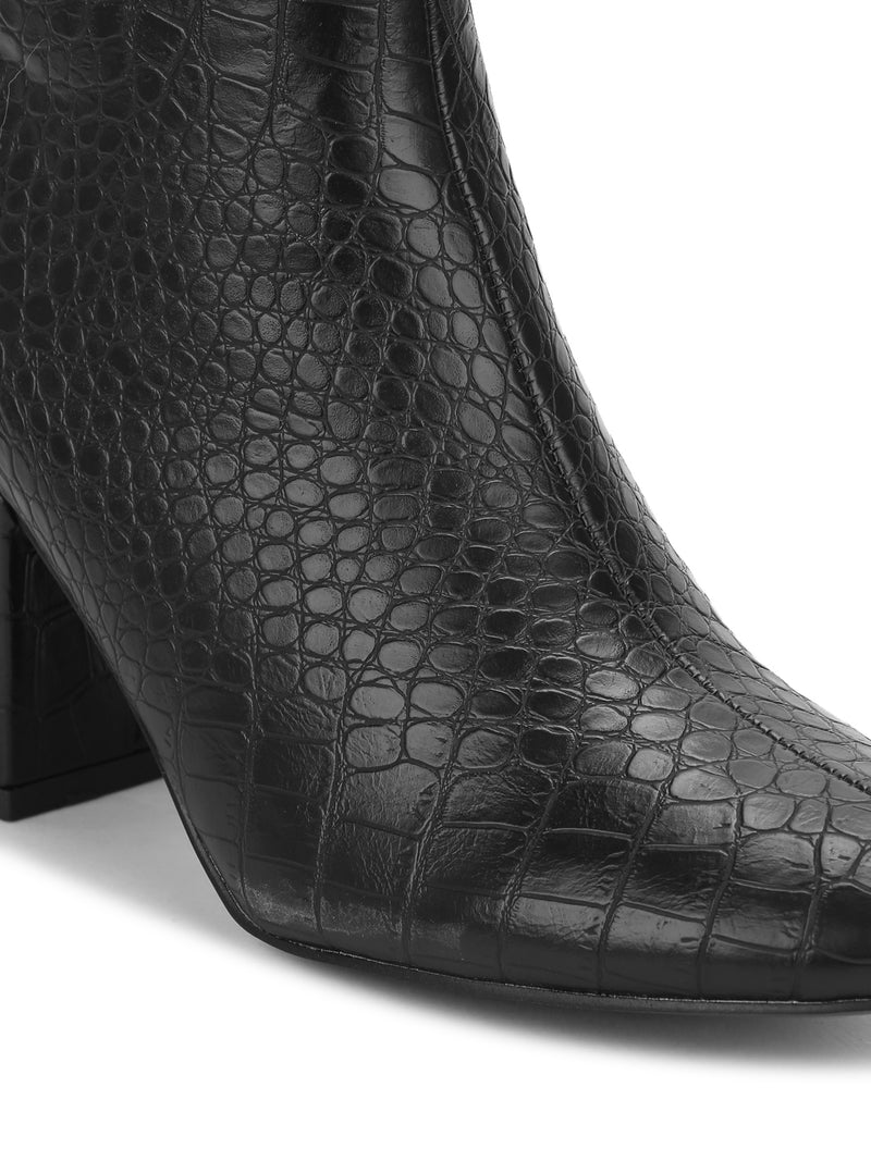 Black Croc PU Back Zipper Low Heel Ankle Boots