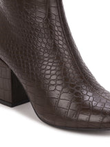 Brown Croc PU Back Zipper Low Heel Ankle Boots