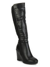 Black Pu Wedged Long Boots