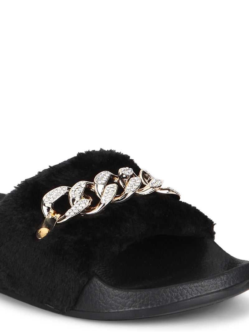Black Fabric And Chain Detailed Slip-On Flats