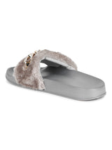 Grey Fabric And Chain Detailed Slip-On Flats
