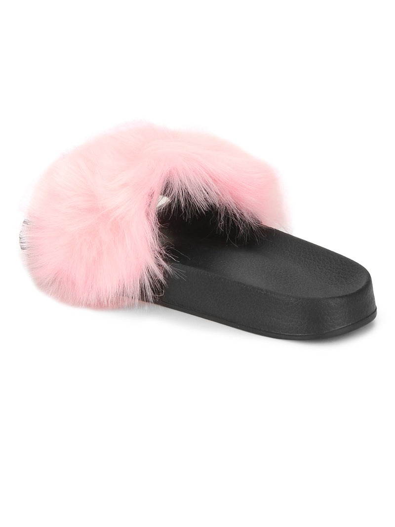 Pink Black Fur Sliders