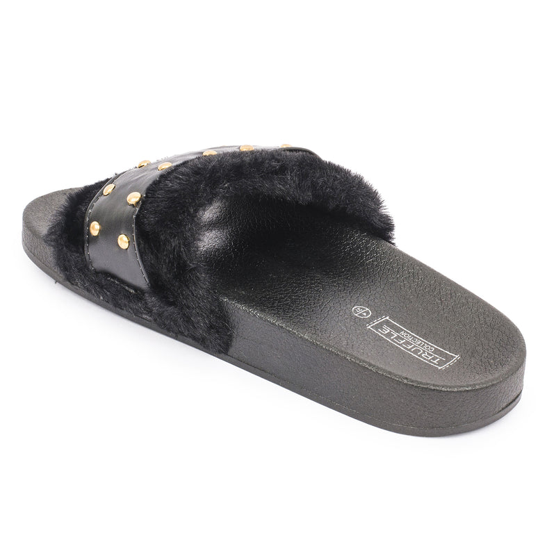 Black Studded Fur Flat Sliders