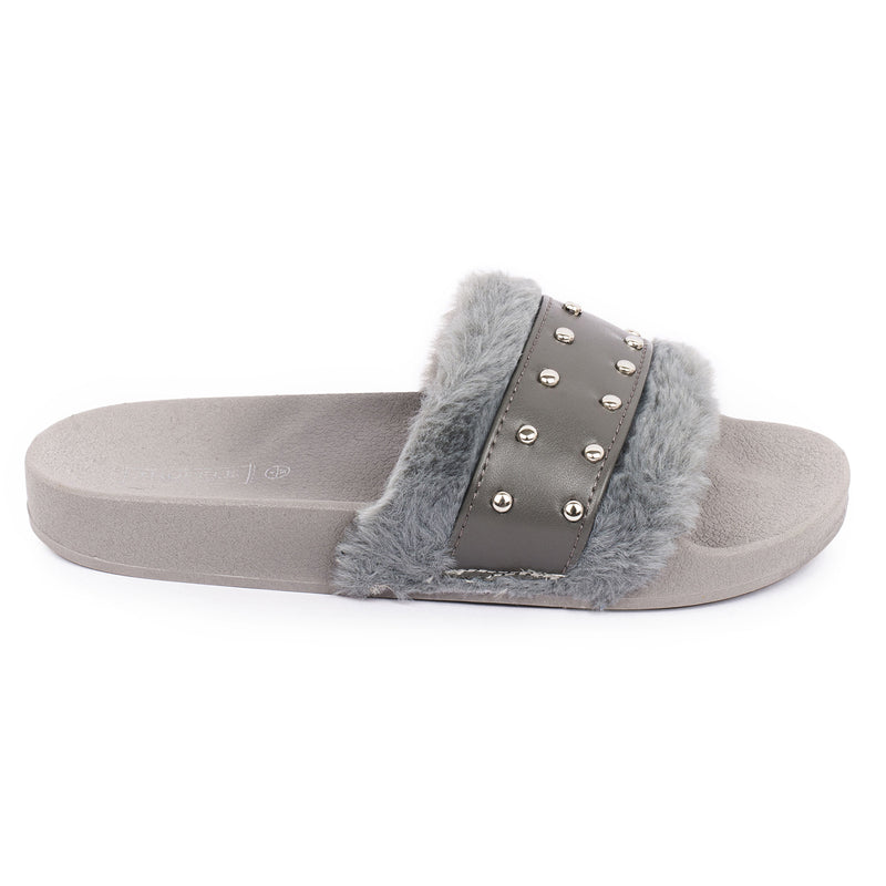 Grey Studded Fur Flat Sliders