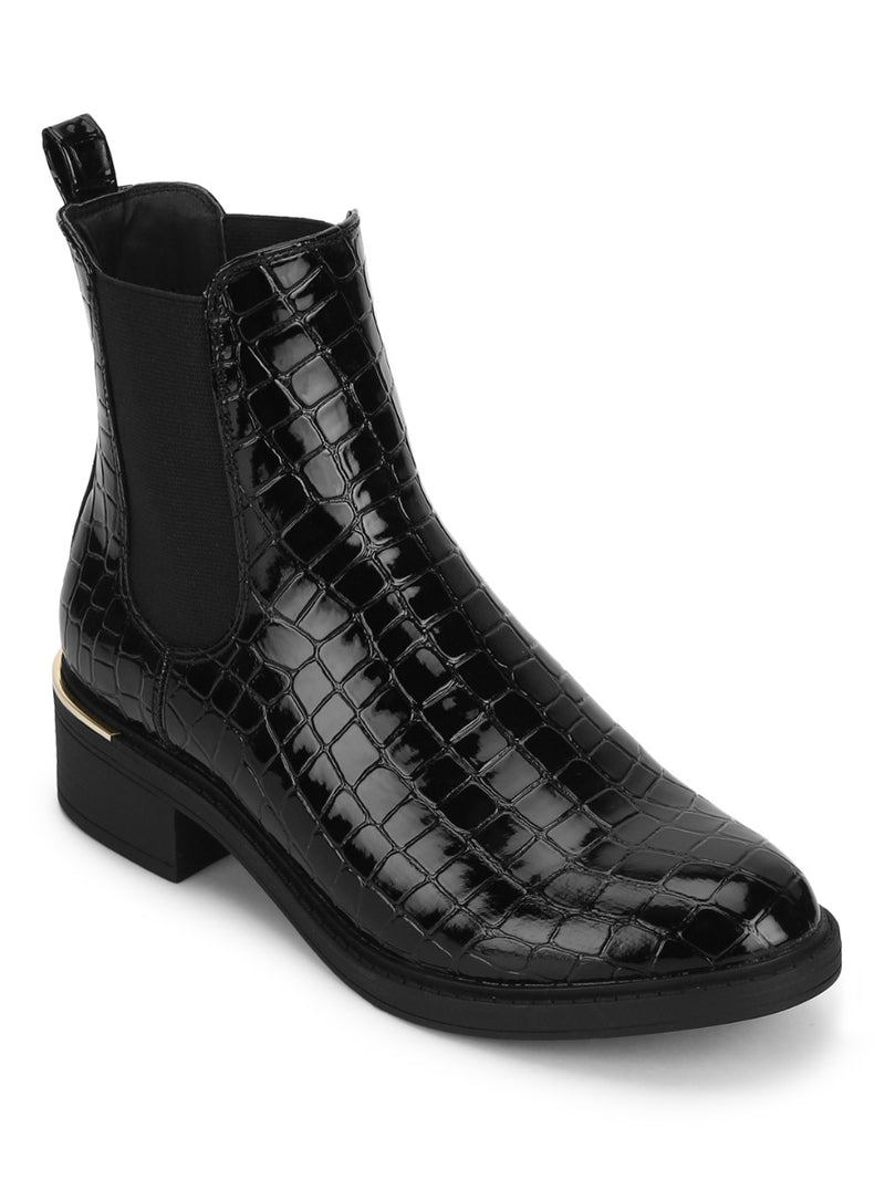 Black Croc Patent Low Heel Ankle Boot