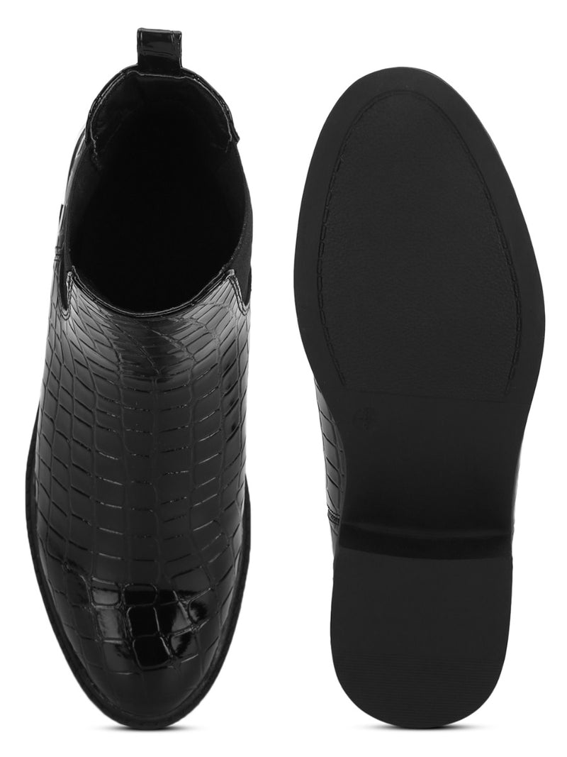 Black Croc Patent Low Heel Ankle Boot