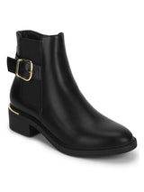 Black PU Low Heel Ankle Boots With Buckle