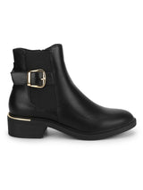 Black PU Low Heel Ankle Boots With Buckle