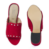 Red Studded Low Heel Mules