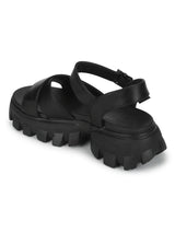 Black PU Cleated Bottom Chunky Sandals With Buckle
