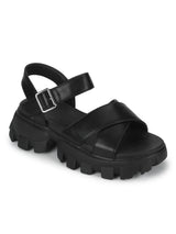 Black PU Cleated Bottom Chunky Sandals With Buckle