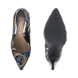 Black Brocade Print Pointed Court Shoes