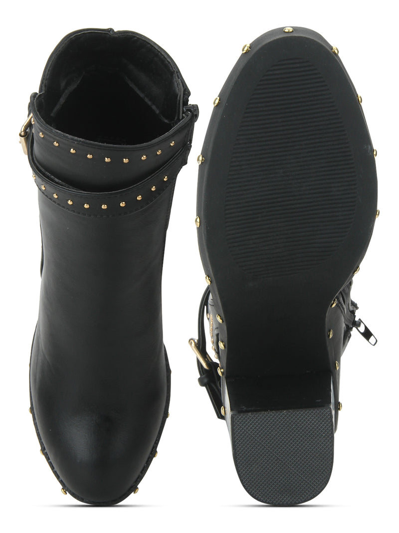 Black Pu Studded Buckle Block Heel Ankle Boots