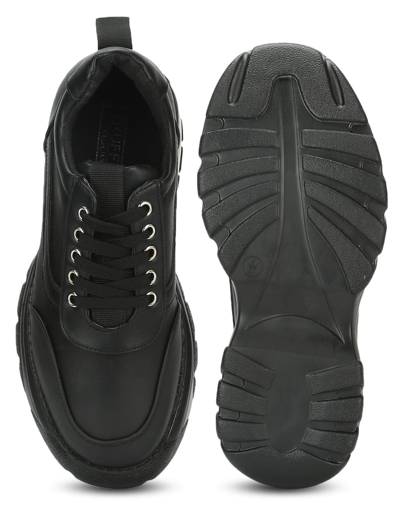 Black PU Chunky Lace-Up Sneakers