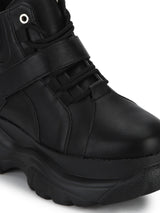 Black PU Platform Lace-Up Sneakers
