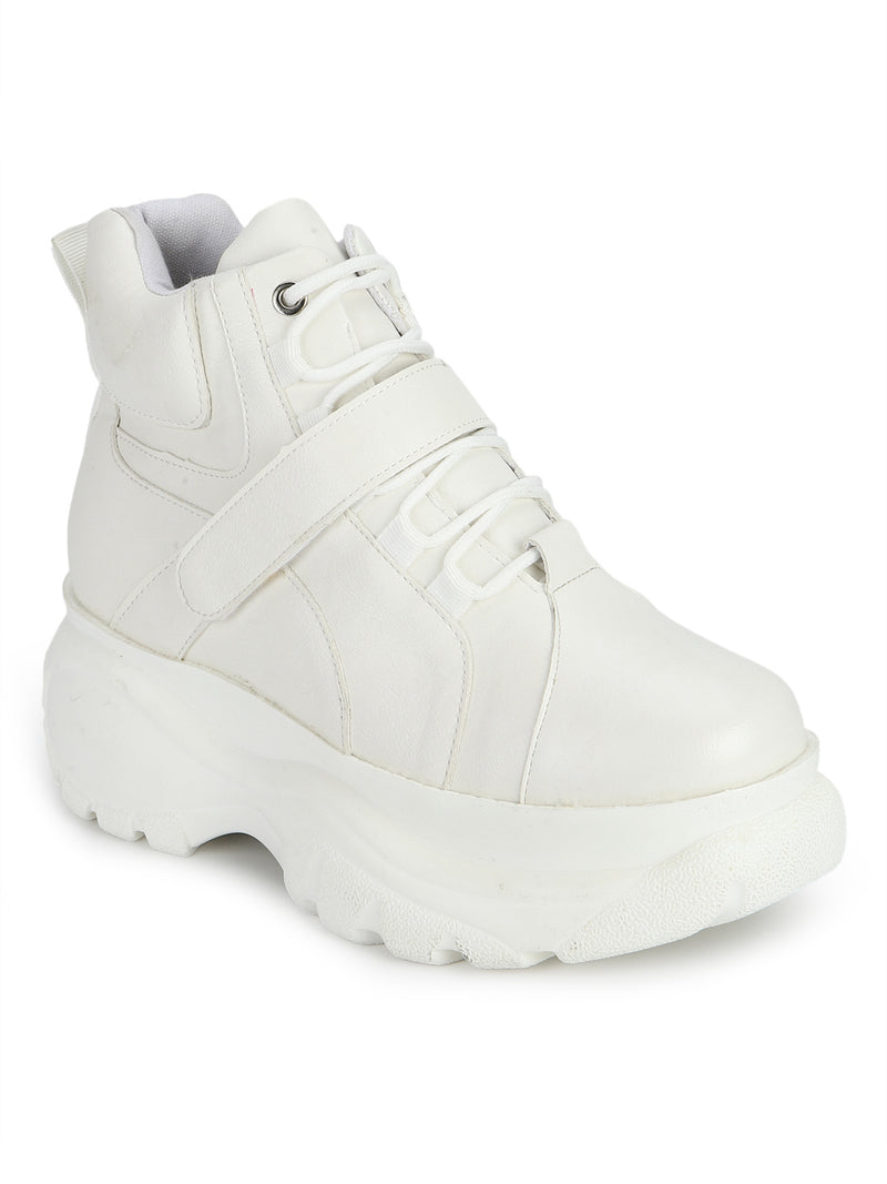 White PU Cleated Platform Lace-Up Sneakers