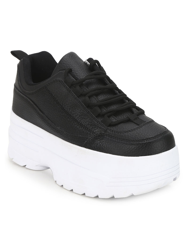 Black PU Cleated Bottom Flatform Lace-Up Sneakers