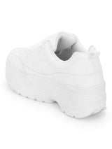 White PU Cleated Bottom Flatform Lace-Up Sneakers