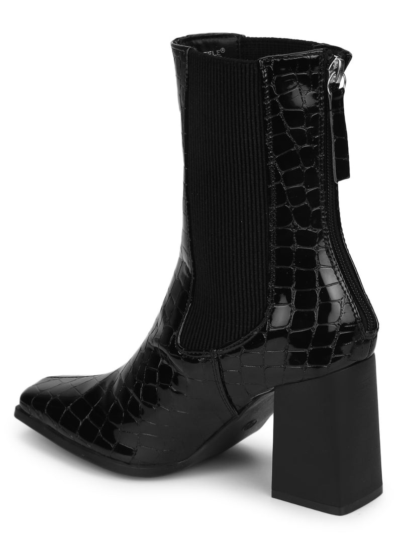 Black Croc Patent Back Zip Ankle Boots