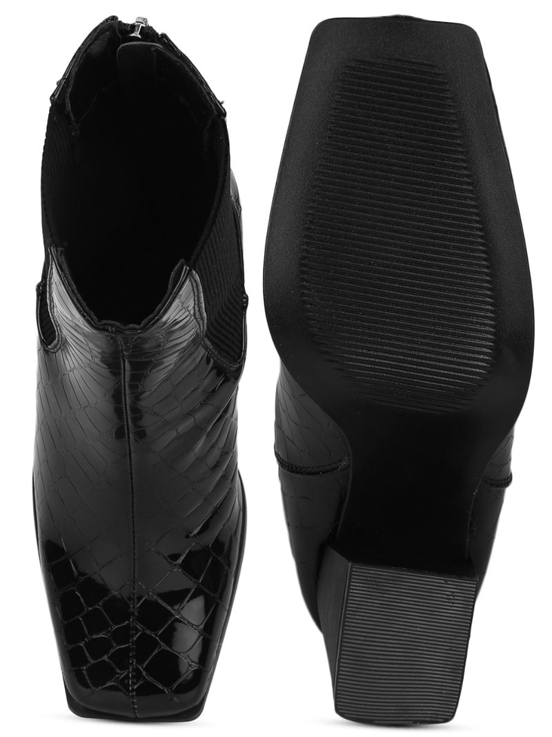 Black Croc Patent Back Zip Ankle Boots