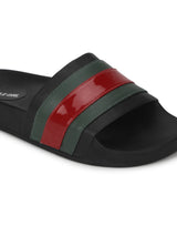 Black PU Slides with Green-Red Stripes