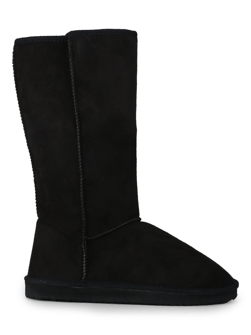 Black Flat Snow Mid Calf Long Fur Boots
