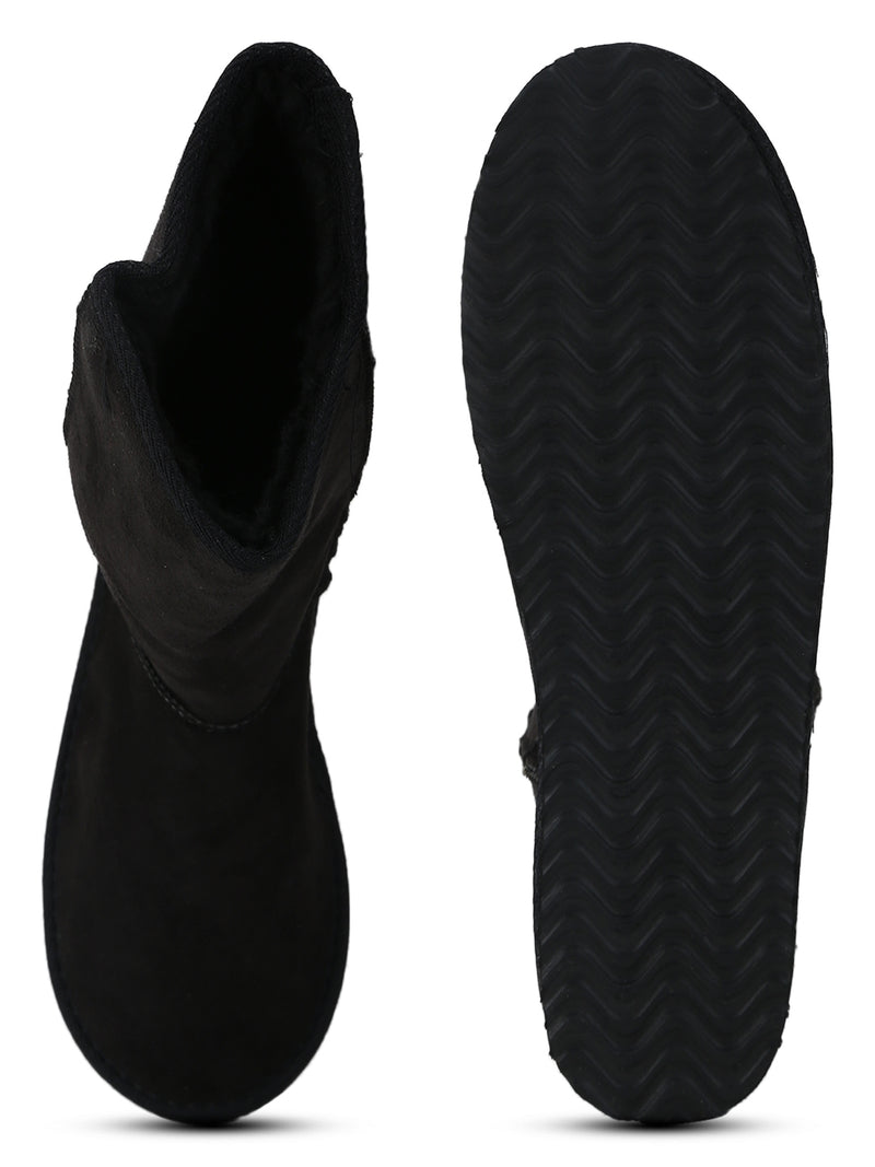 Black Flat Snow Mid Calf Long Fur Boots
