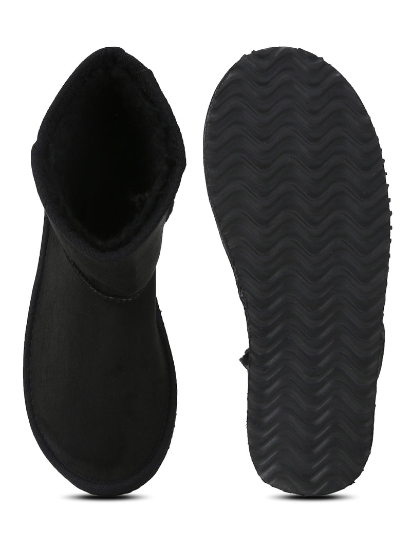 Black Flat Snow Ankle Length Fur Boots