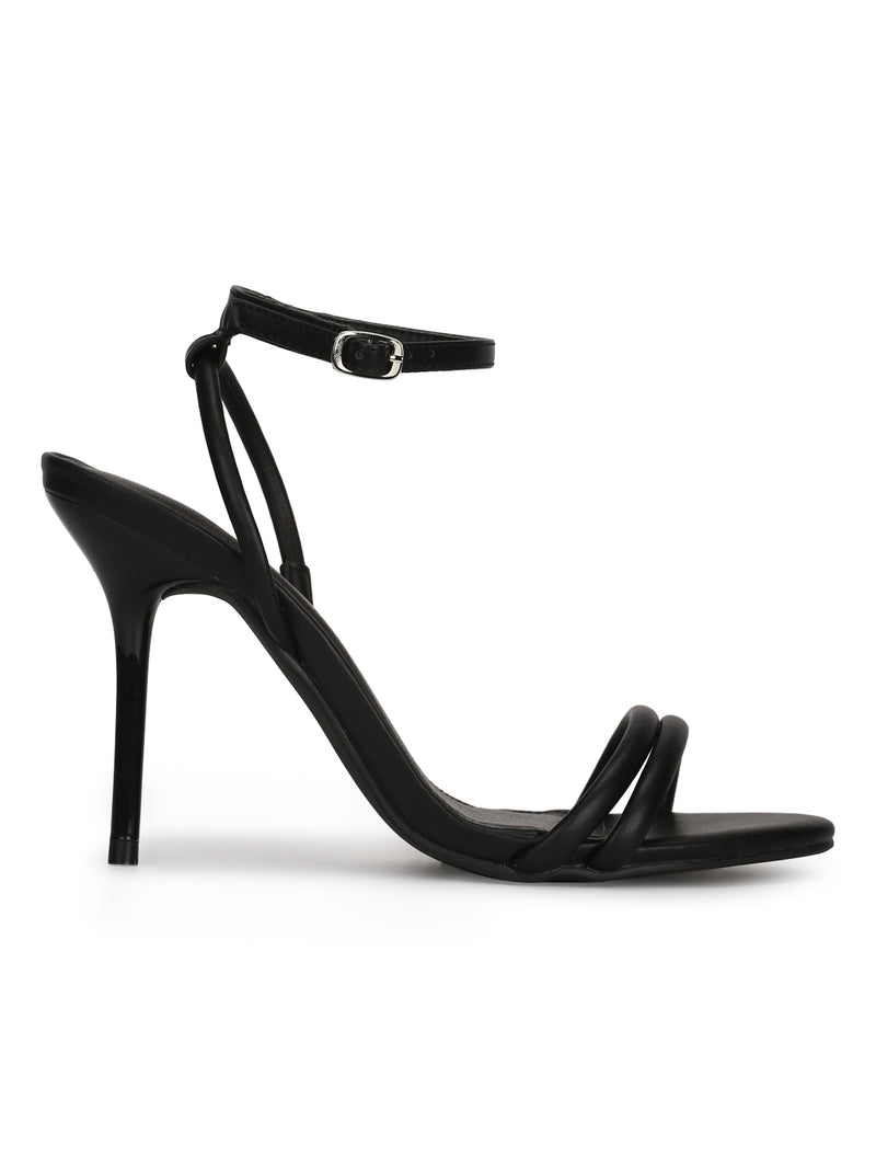 Black PU Double Strap Barely There Stiletto Heels
