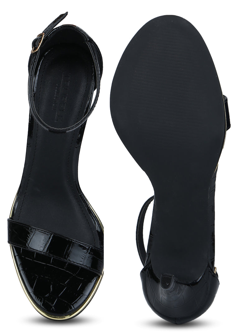 Black Croc Ankle Strap Low Heel Stilettos
