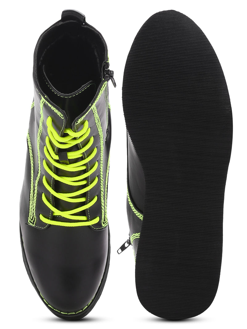 Black PU Green Stitching Flatform Lace-up Ankle Boots