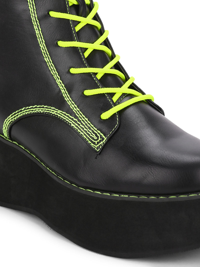 Black PU Green Stitching Flatform Lace-up Ankle Boots