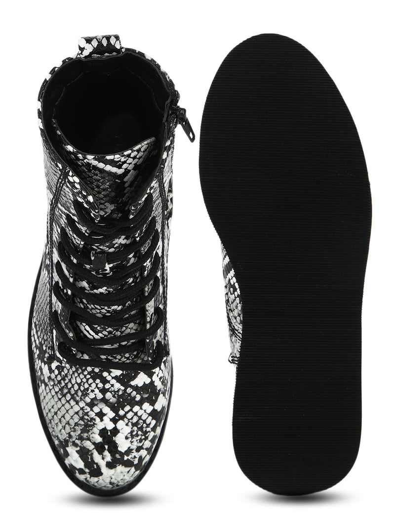 Black White Snake Flatform Lace-up Ankle Boots