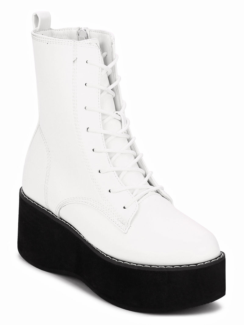 White PU Lace-up Ankle Boots