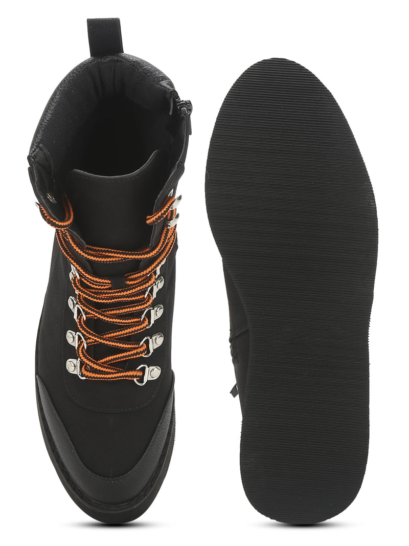 Black Nubuck PU Flatform Lace-up Ankle Boots