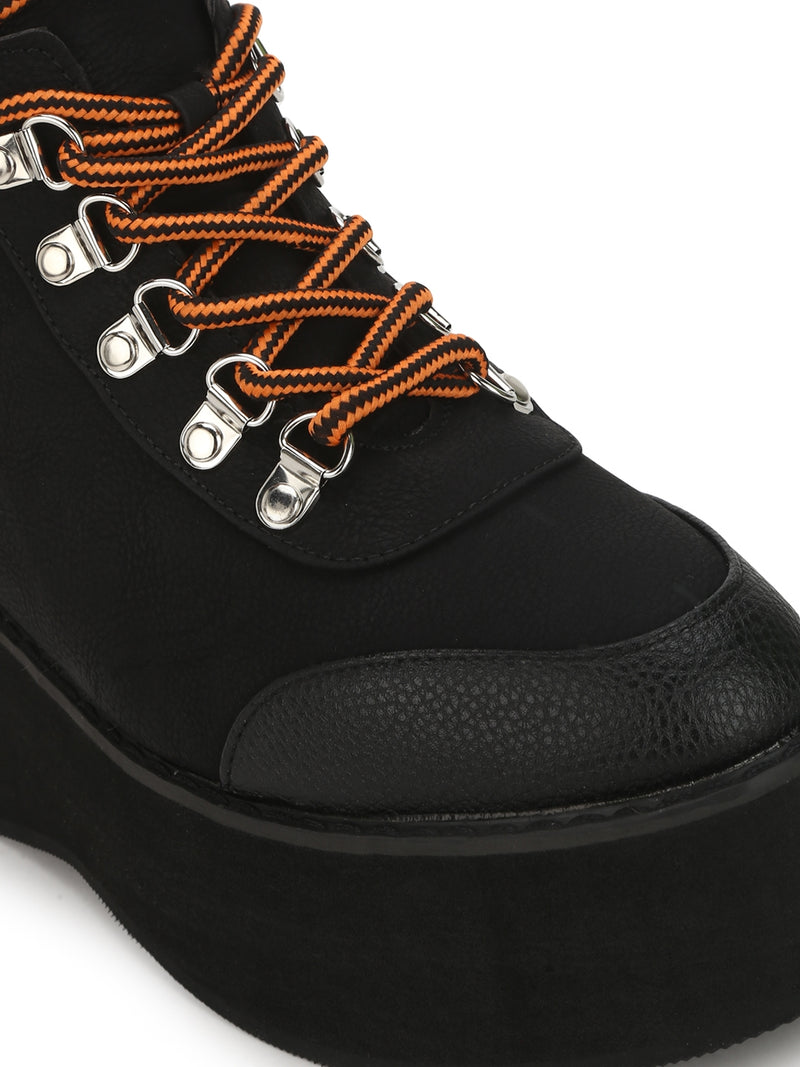Black Nubuck PU Flatform Lace-up Ankle Boots