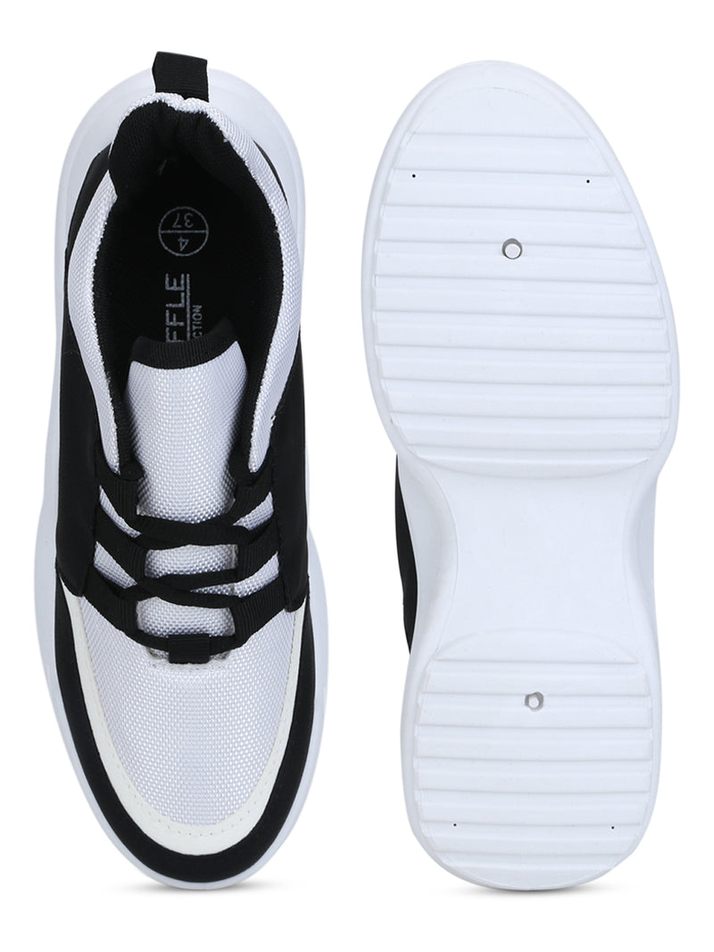 Black-White Cleated Bottom Lace-Up Sneakers