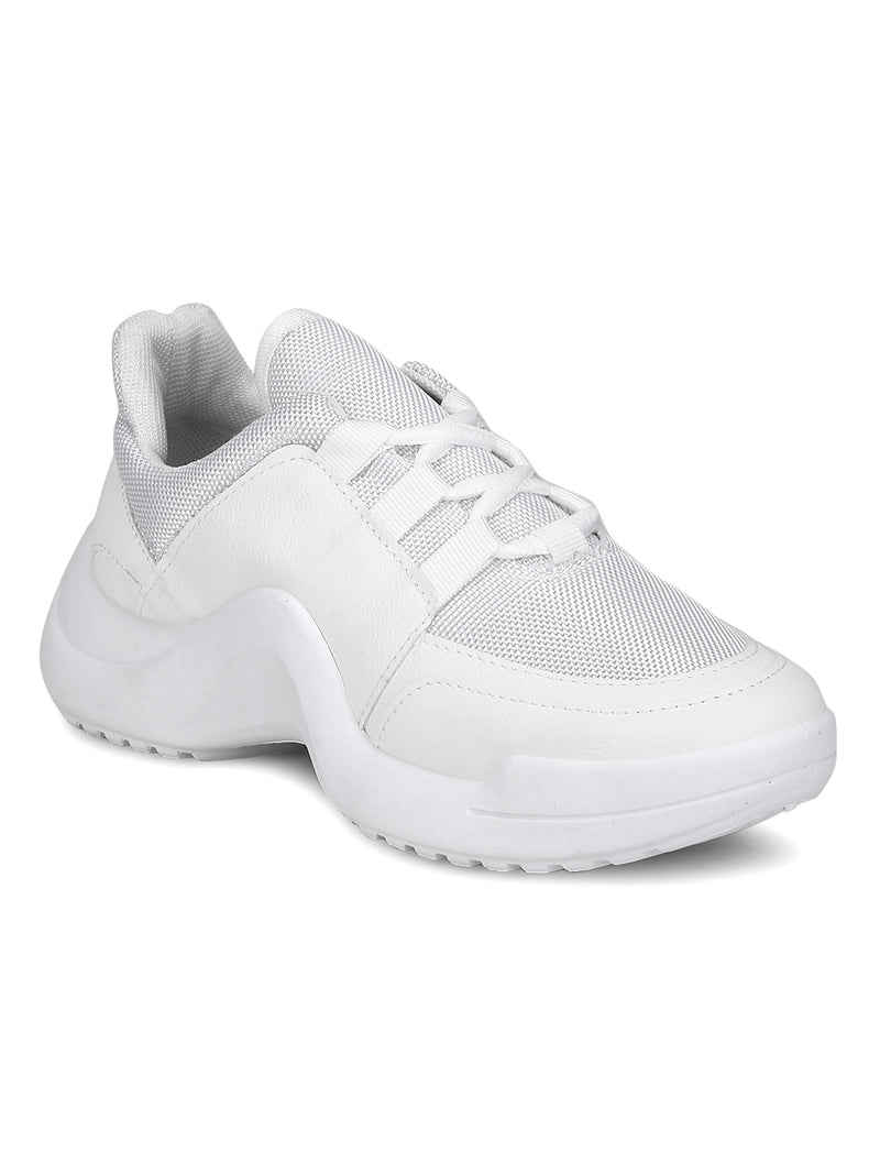 Total White PU Cleated Bottom Lace-Up Sneakers