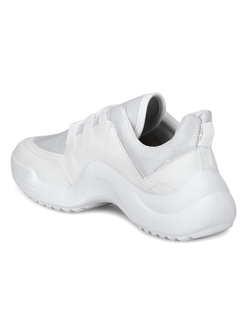 Total White PU Cleated Bottom Lace-Up Sneakers