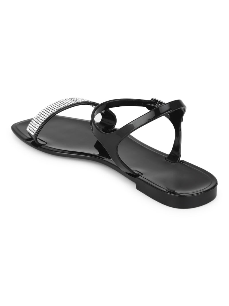 Black PVC Diamante Strap Sandals