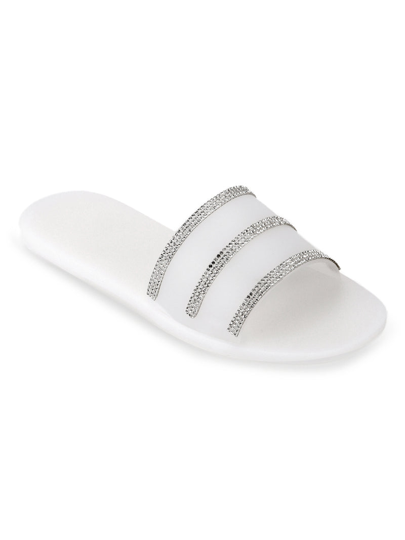 White PVC Clear Diamante Slip On Flats