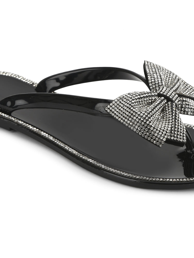 Black PVC Diamante Bow Slip On Flats