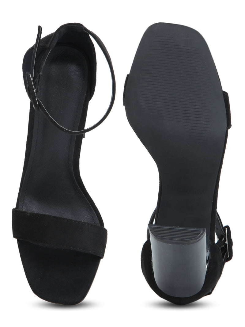 Black Micro Ankle Strap Slim Block Heels
