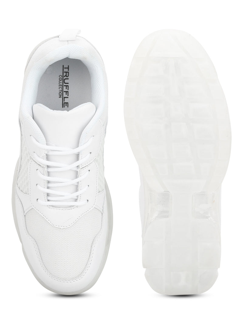 White PU Mesh Cleated Bottom Lace-Up Sneakers