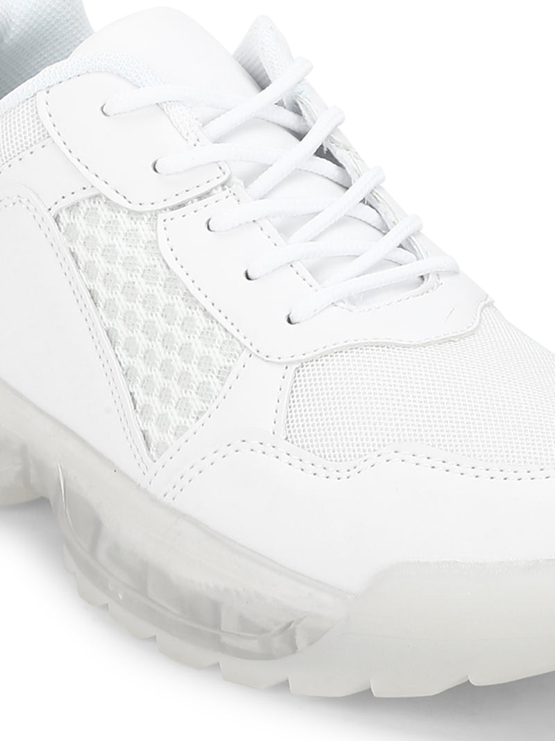 White PU Mesh Cleated Bottom Lace-Up Sneakers