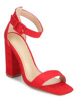 Red Micro Broad Ankle Strap Block Heels
