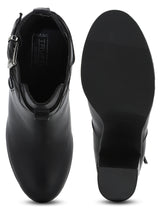 Black PU Buckle Block High Heel Ankle Boots