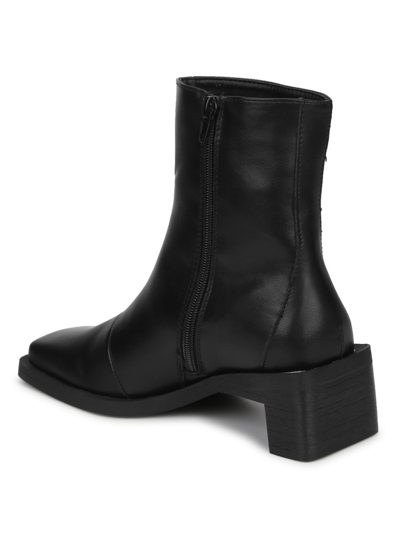 Black PU Square Toe Block Heel Ankle Boots